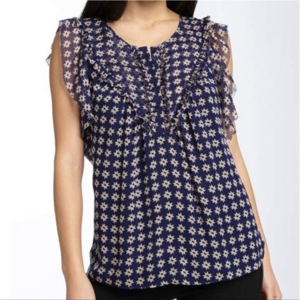 Diane Von Furstenberg-Navy Ruffle Blouse Size 6